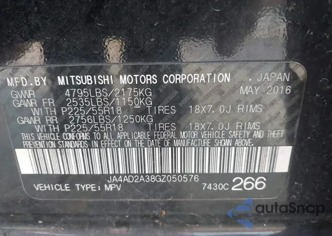 2016 Mitsubishi Outlander Es z USA, uszkodzony, nr VIN JA4AD2A38GZ050576